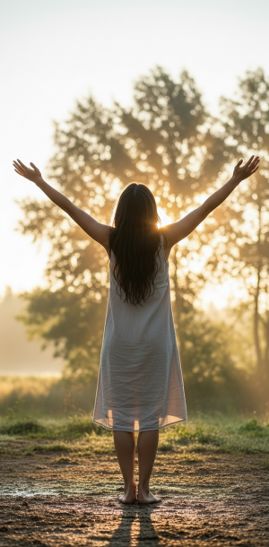 Woman stretching arms upward healthy happy woman connecting with earth and sunshine